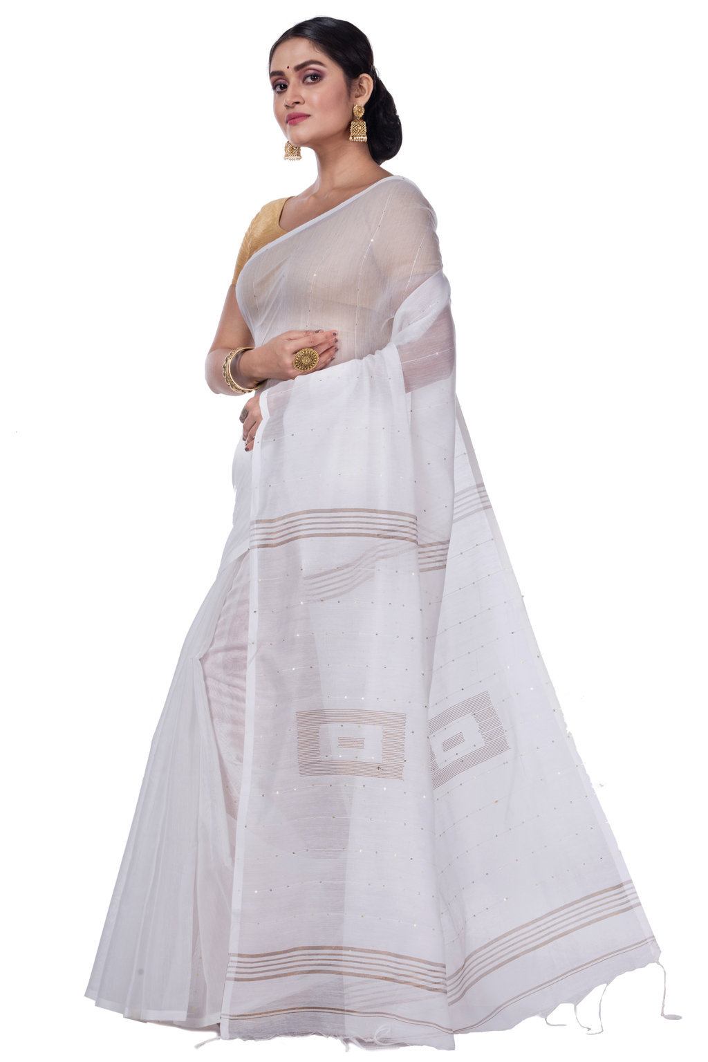 White Blended Cotton Sequence_Handloom Hand Loom Saree (470)